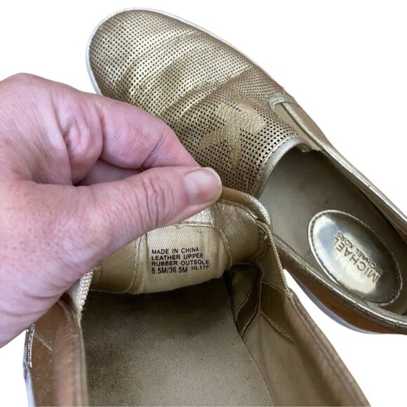 Michael Kors Gold Slip-On Sneakers Size 6.5 Metallic Leather Flats - Picture 6 of 7